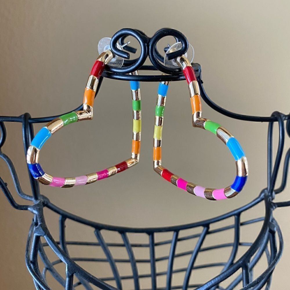 Gold & Multicolored Heart Hoop Pierced Earrings. Excellent Condition!